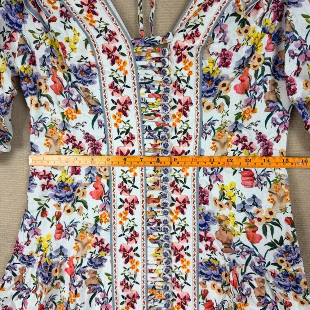 Farm Rio Greek Garden Off-White Topstitched Yoke Mini Dress Floral Womens M - Picture 3 of 13